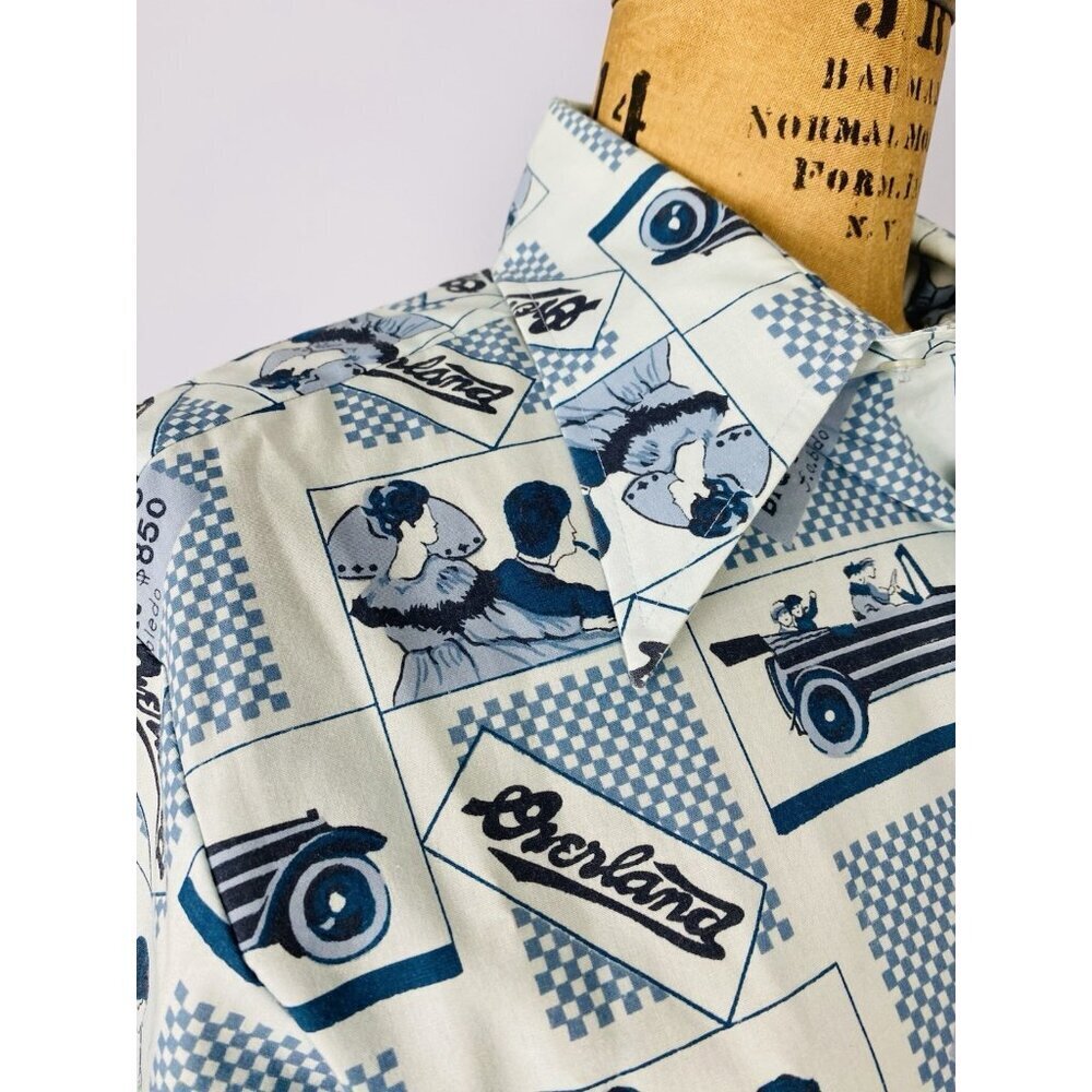 Vintage 70s Montgomery Ward Novelty Print Shirt Sz M Overland Antique Car Print